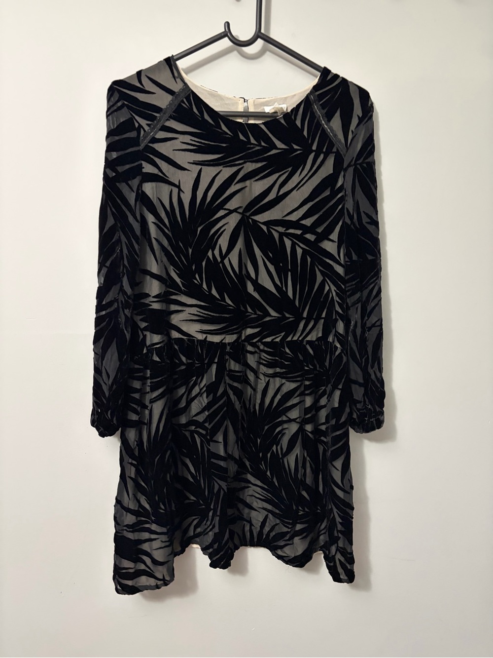Semi-Sheer Black Palm-Pattern Long Sleeve Dress